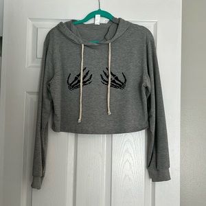 Gray Skeleton Hands Crop Hoodie